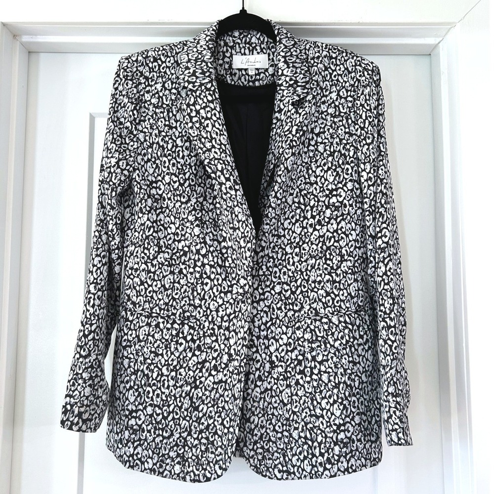 L'Academie Women Black White Leopard Print Blazer Jacket Size XS Single Button